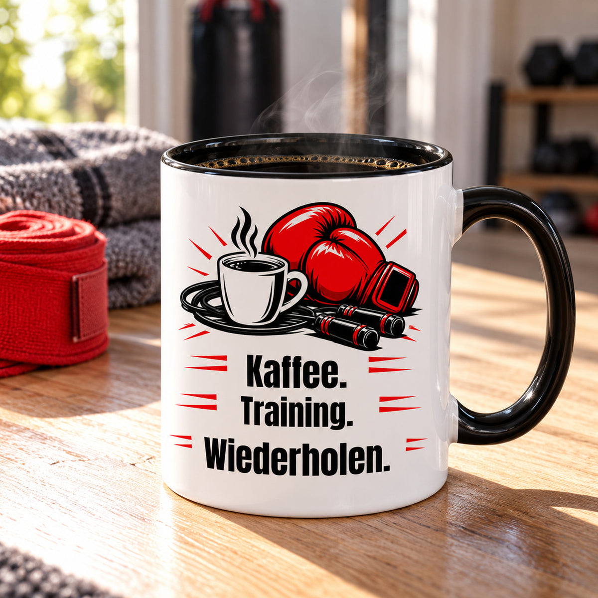 Weiße Boxsport-Tasse mit schwarzem Henkel, Rand und Innerem und Spruch „Kaffee. Training. Wiederholen.“ – Lifestyle-Ansicht in einer Boxsport-Umgebung.