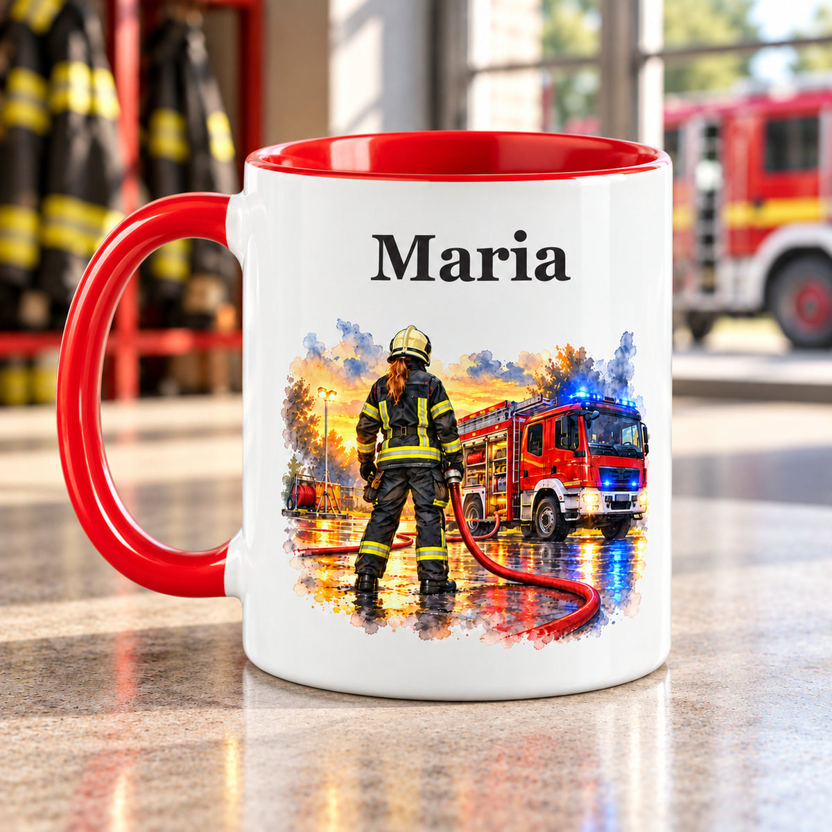 Gegenseite der personalisierten Tasse mit Feuerwehrfrau im Motiv „Bereit zum Einsatz“