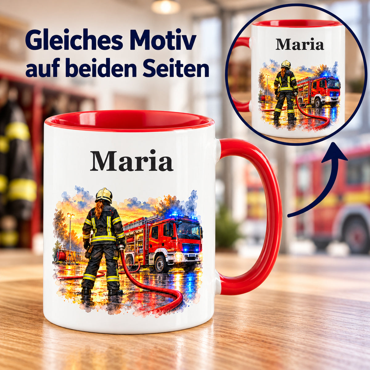 Beidseitiger Druck auf der Feuerwehrtasse mit Feuerwehrfrau im Motiv „Bereit zum Einsatz“