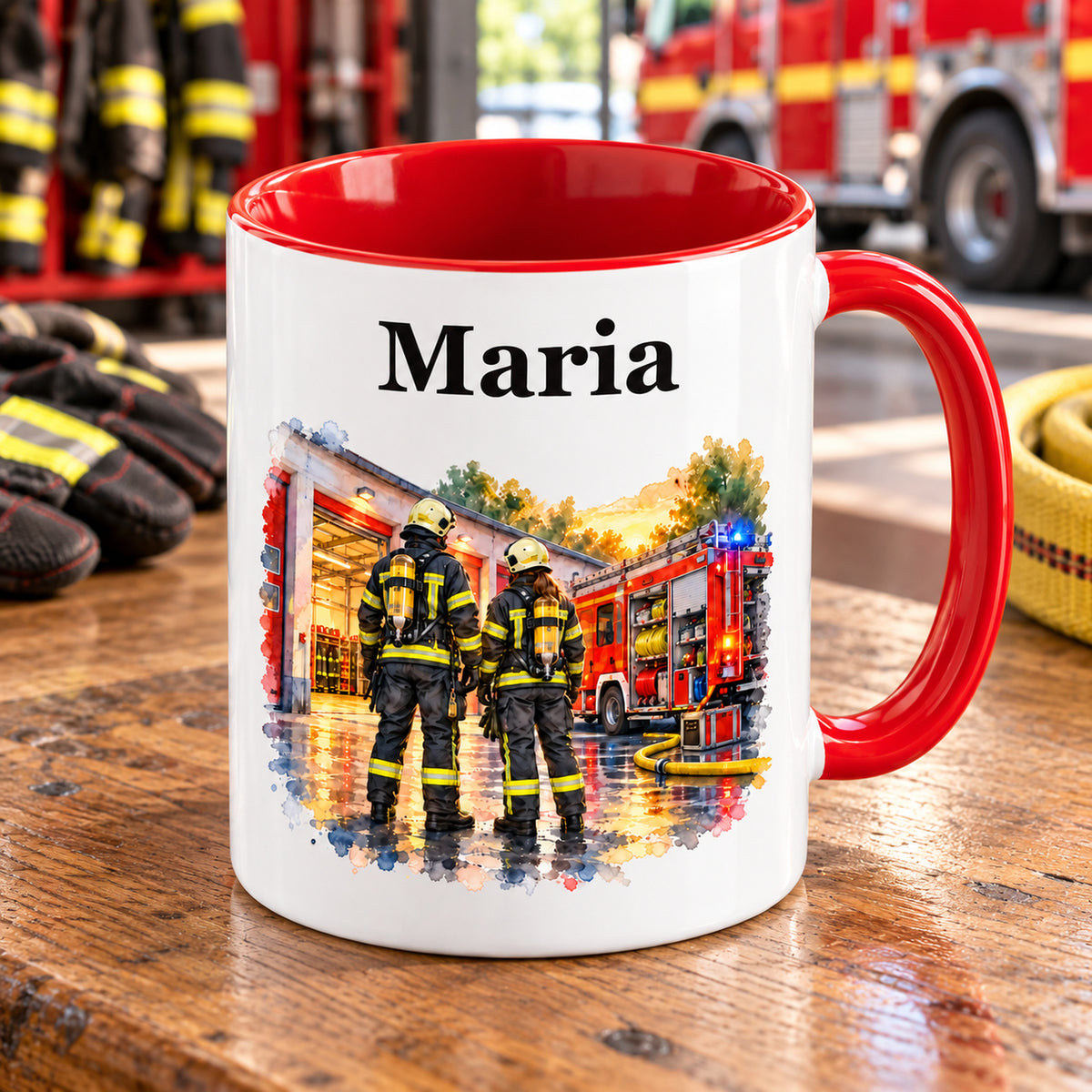 Schräge Ansicht der Tasse mit Feuerwehrfrau im Motiv „Gemeinsam stark“