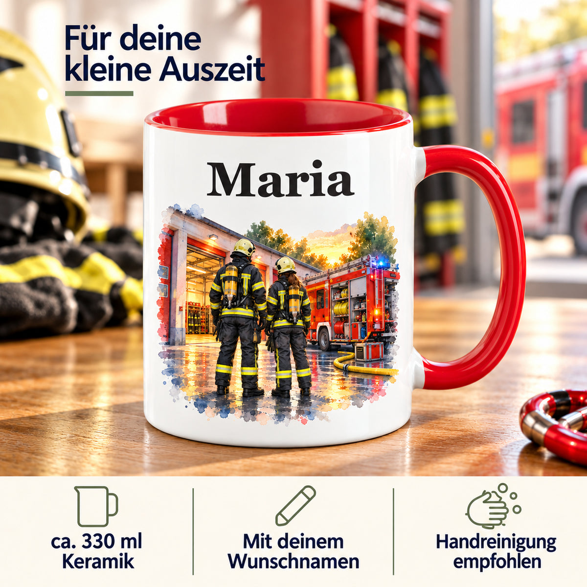 Eigenschaften der Feuerwehrtasse „Gemeinsam stark“: Keramik, ca. 330 ml, Wunschname und Handreinigung