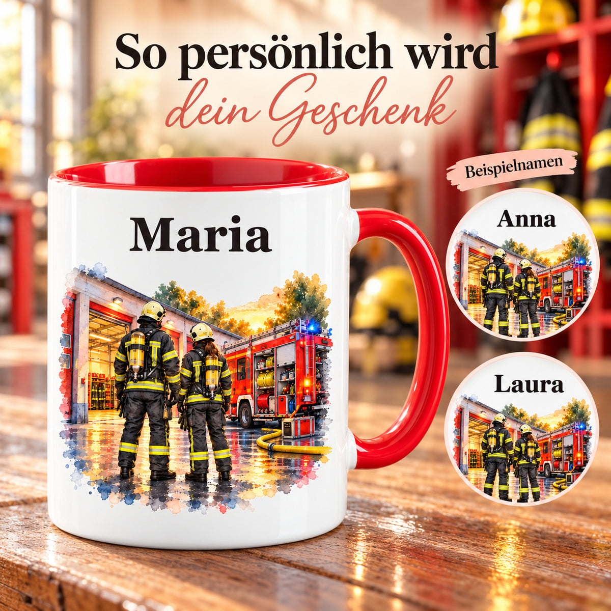 Beispiele für Wunschnamen auf der Feuerwehrtasse mit Feuerwehrfrau im Motiv „Gemeinsam stark“