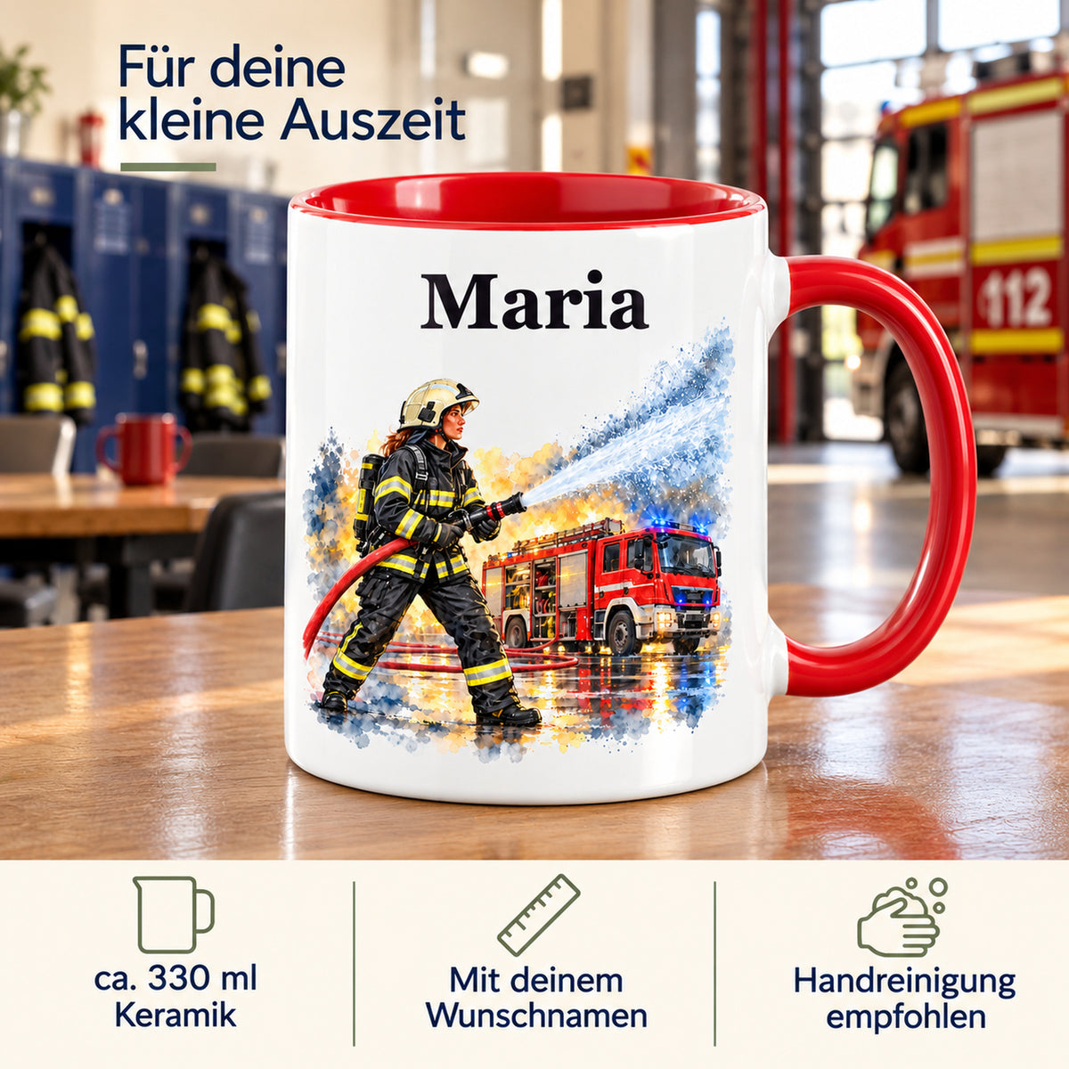 Eigenschaften der Feuerwehrtasse „Wasser marsch“: Keramik, ca. 330 ml, Wunschname und Handreinigung