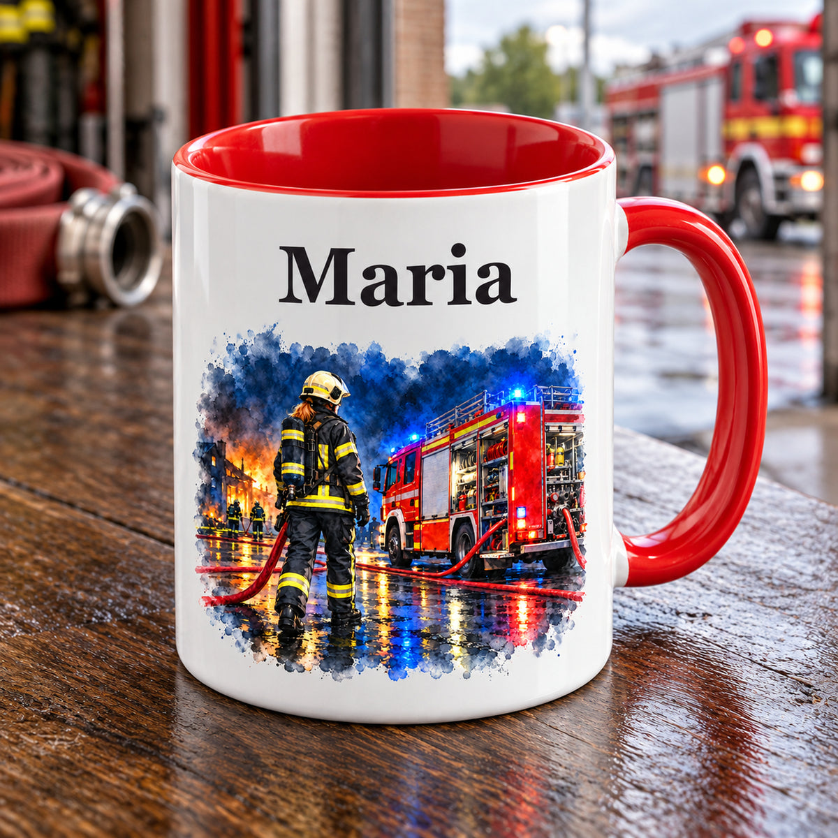 Schräge Ansicht der Tasse mit Feuerwehrfrau im Motiv „Blaulicht bei Nacht“
