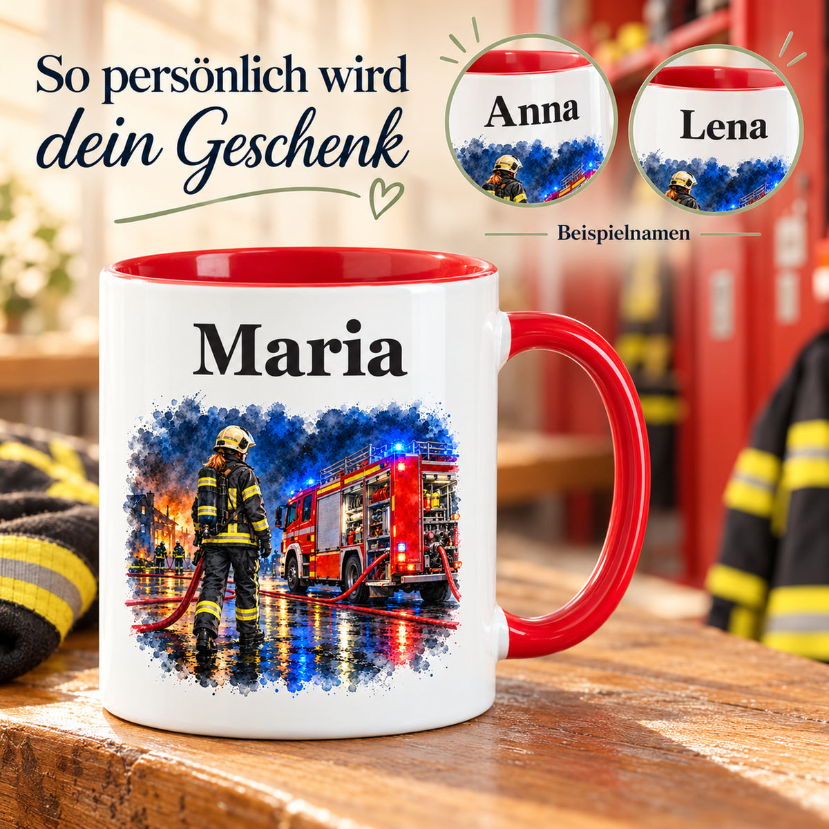 Beispiele für Wunschnamen auf der Feuerwehrtasse mit Feuerwehrfrau im Motiv „Blaulicht bei Nacht“