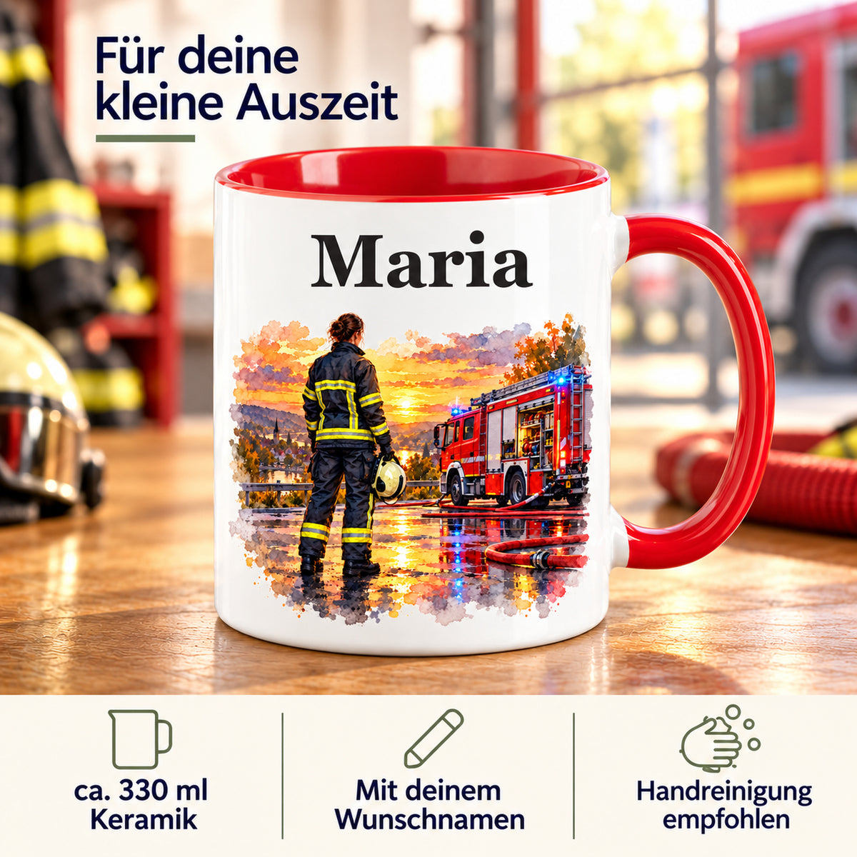 Eigenschaften der Feuerwehrtasse „Nach dem Einsatz“: Keramik, ca. 330 ml, Wunschname und Handreinigung