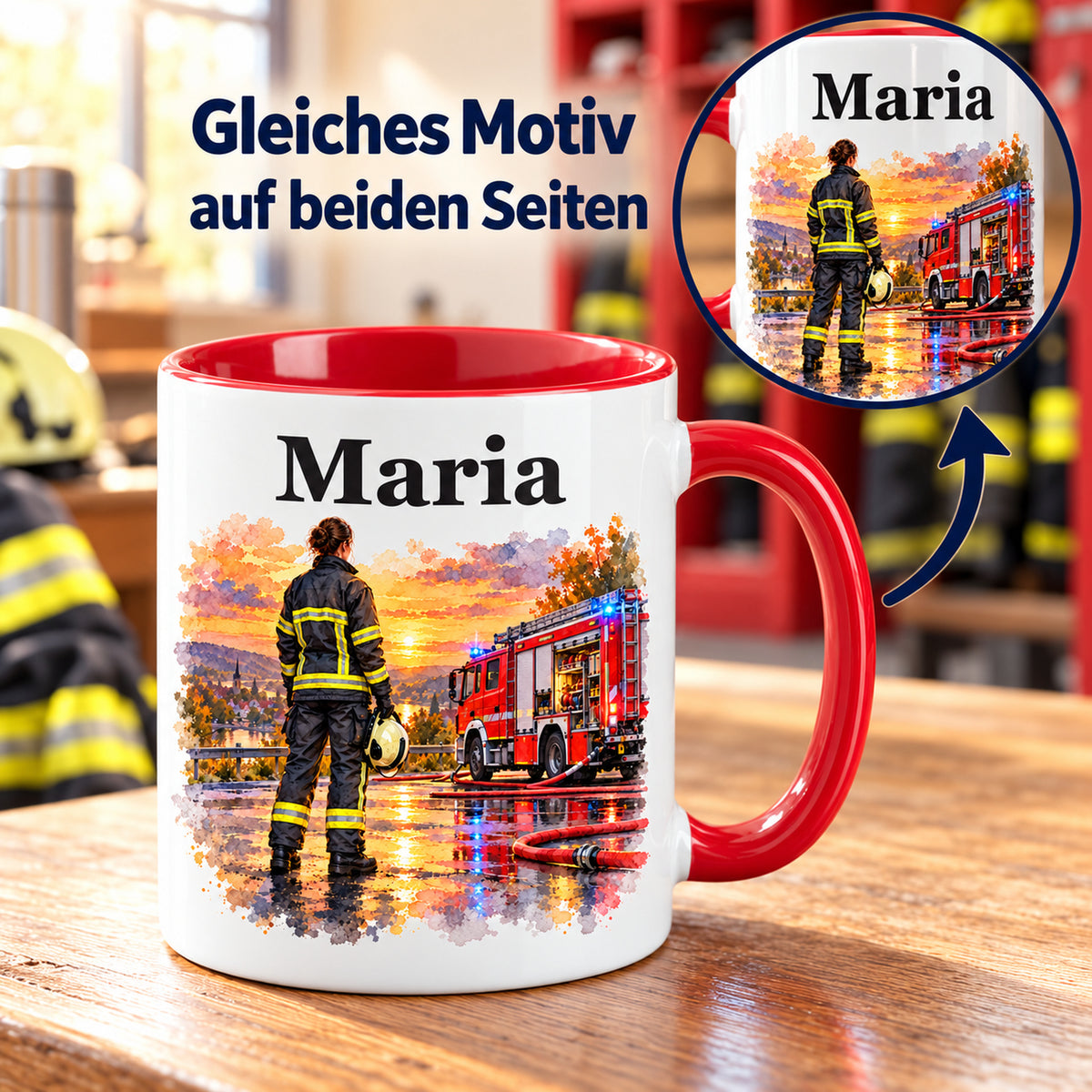 Beidseitiger Druck auf der Feuerwehrtasse mit Feuerwehrfrau im Motiv „Nach dem Einsatz“