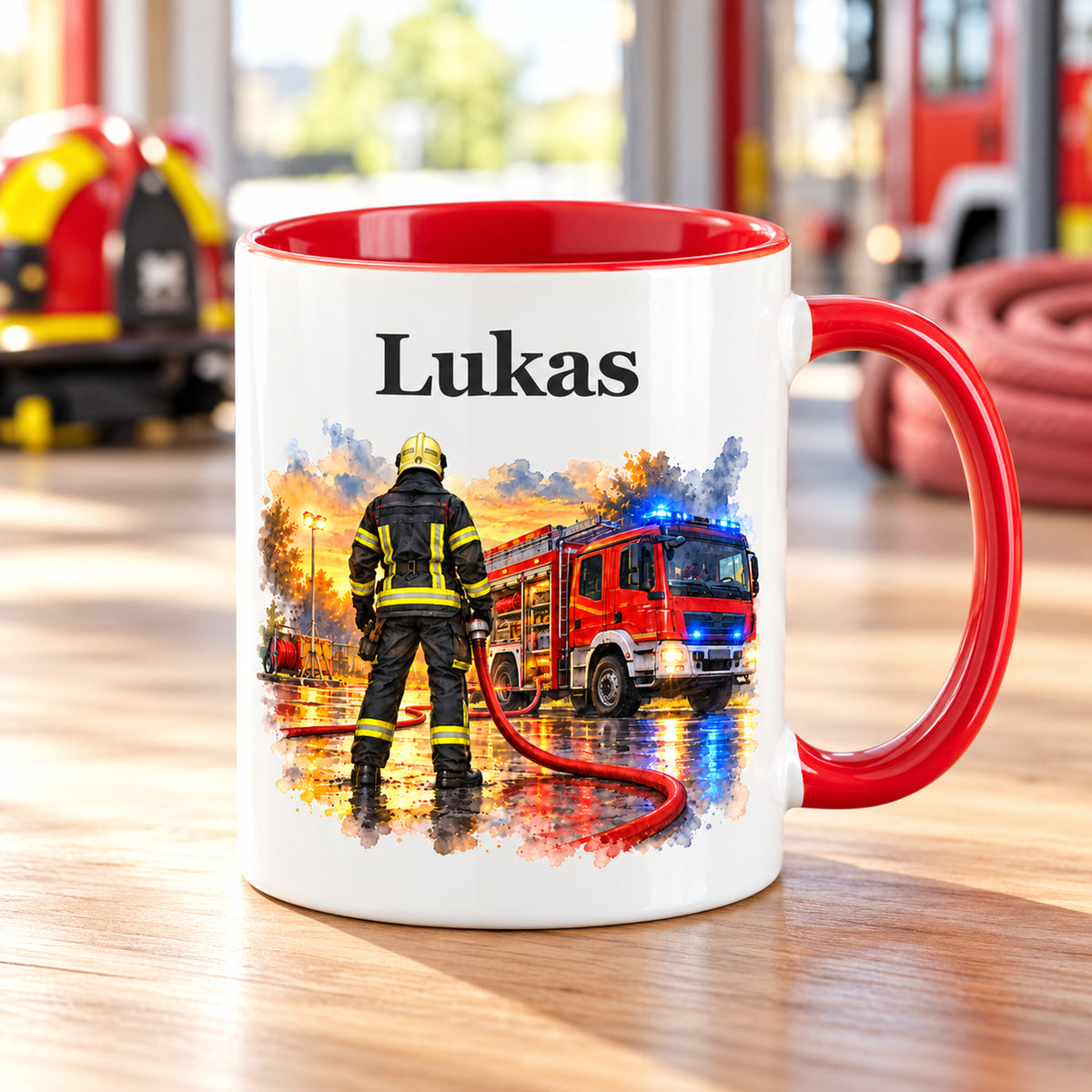 Tasse mit Feuerwehrmann im Motiv „Bereit zum Einsatz“, rotem Henkel und roter Innenseite