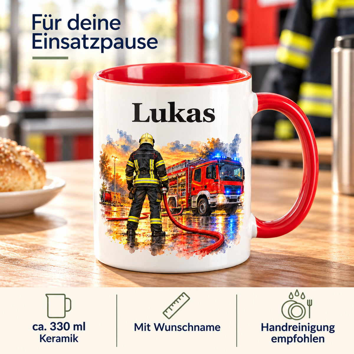 Eigenschaften der Feuerwehrtasse „Bereit zum Einsatz“: Keramik, ca. 330 ml, Wunschname und Handreinigung