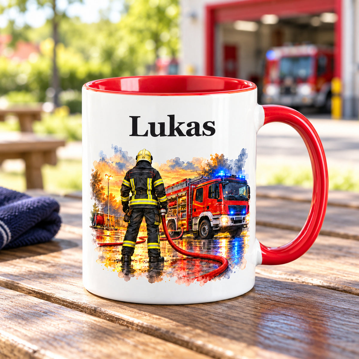 Personalisierte Tasse mit Feuerwehrmann im Motiv „Bereit zum Einsatz“ in einer Feuerwehrszene