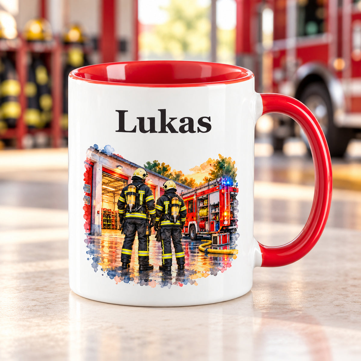 Tasse mit Feuerwehrmann im Motiv „Gemeinsam stark“, rotem Henkel und roter Innenseite