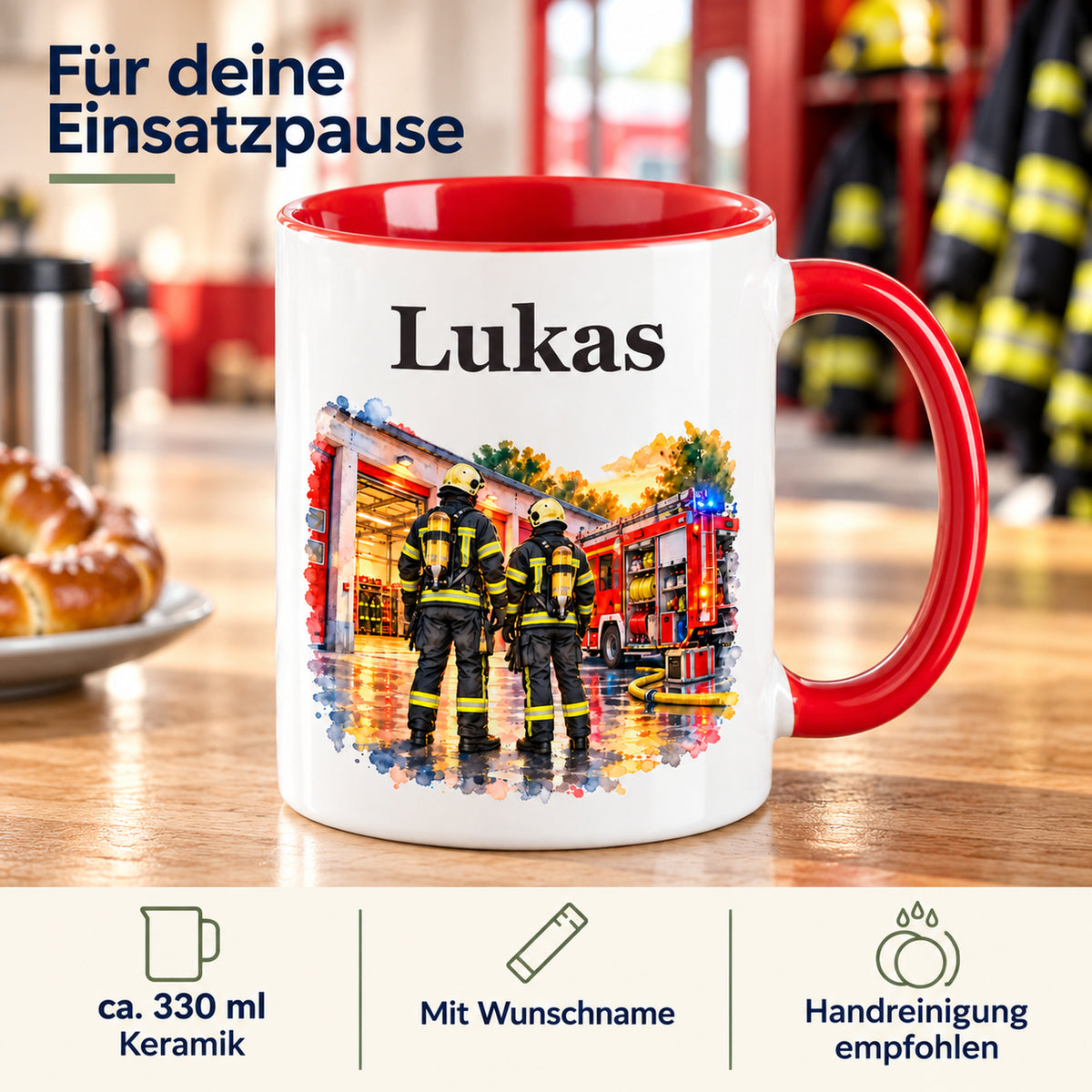 Eigenschaften der Feuerwehrtasse „Gemeinsam stark“: Keramik, ca. 330 ml, Wunschname und Handreinigung