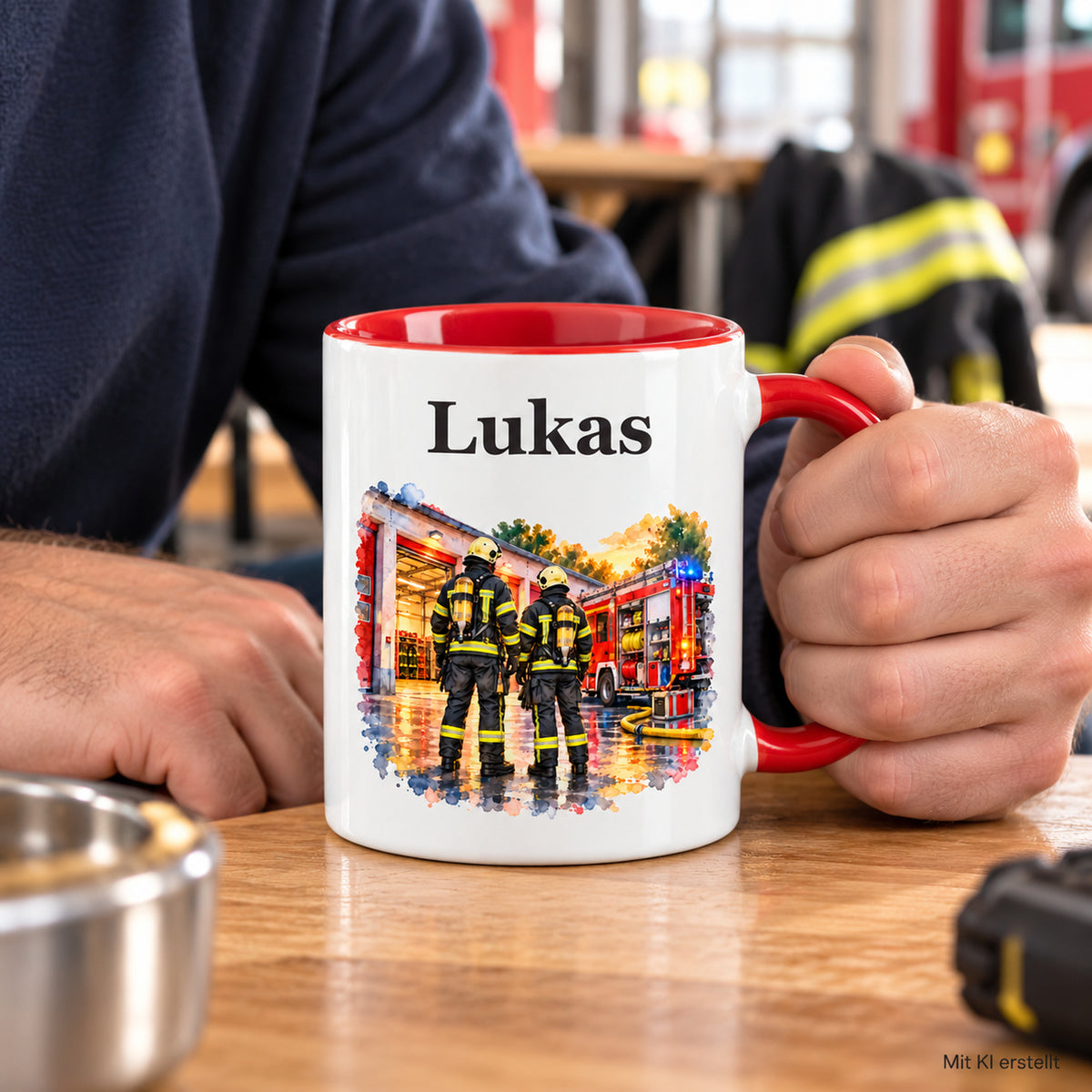 Personalisierte Tasse mit Feuerwehrmann im Motiv „Gemeinsam stark“, in Händen gehalten