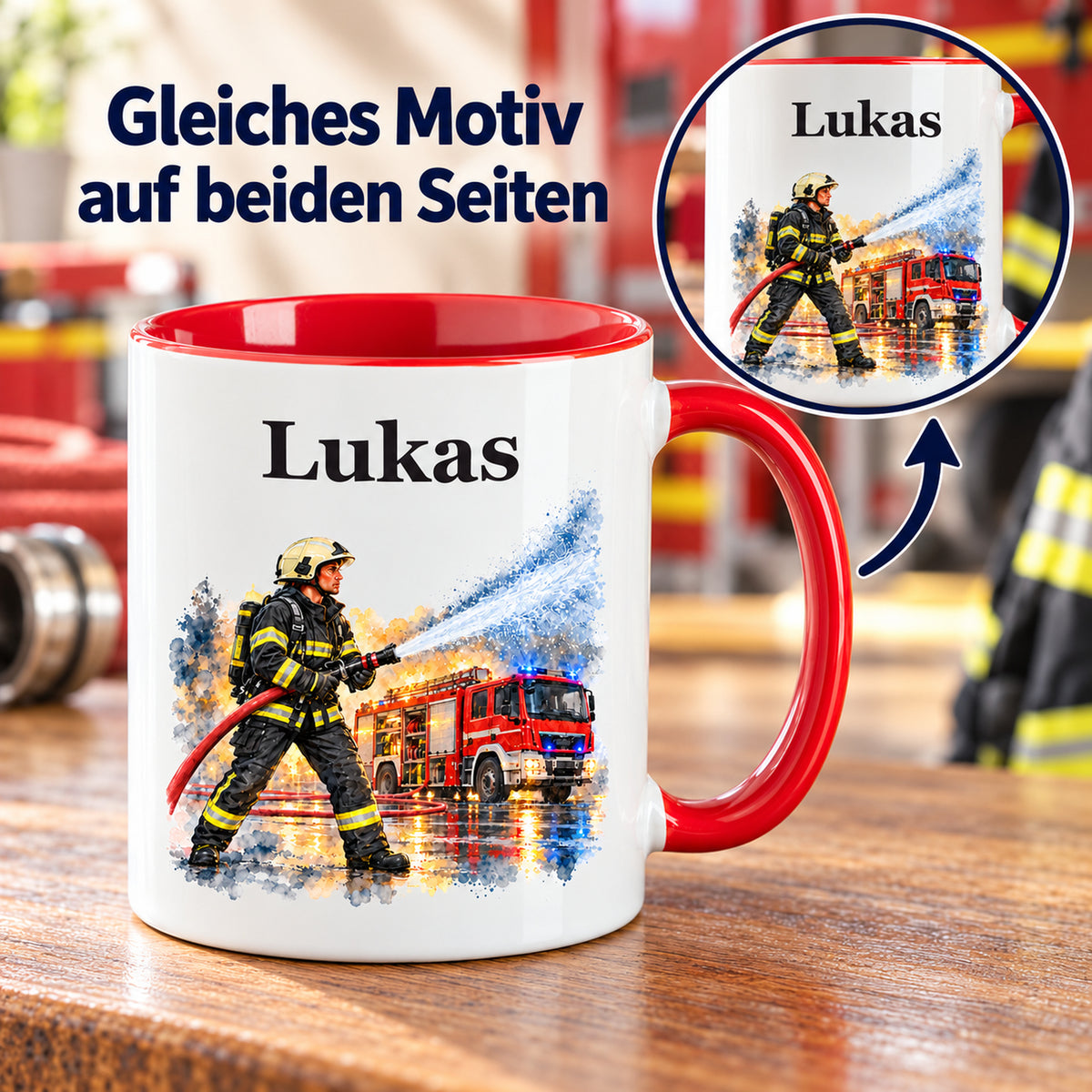 Beidseitiger Druck auf der Feuerwehrtasse mit Feuerwehrmann im Motiv „Wasser marsch“
