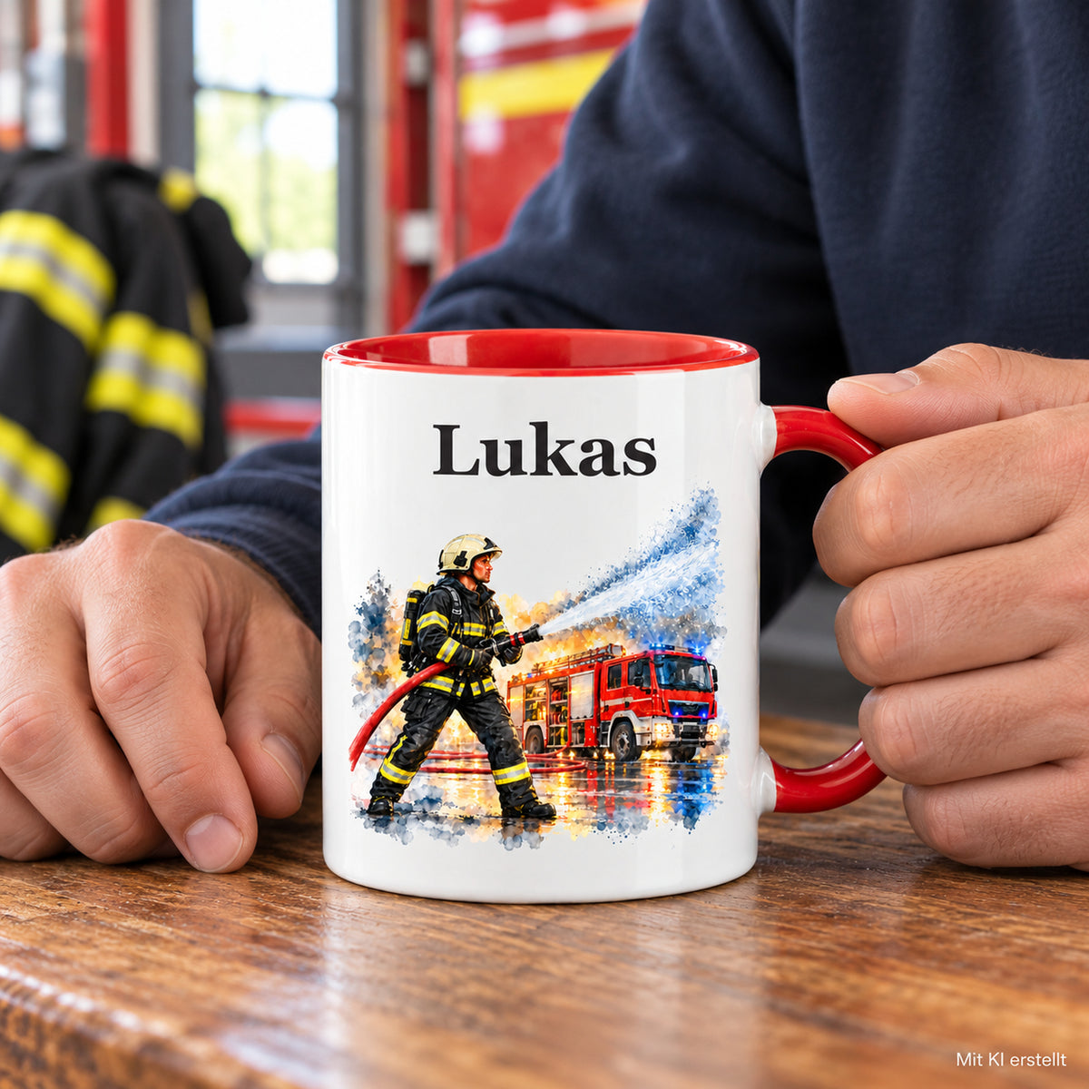Personalisierte Tasse mit Feuerwehrmann im Motiv „Wasser marsch“, in Händen gehalten