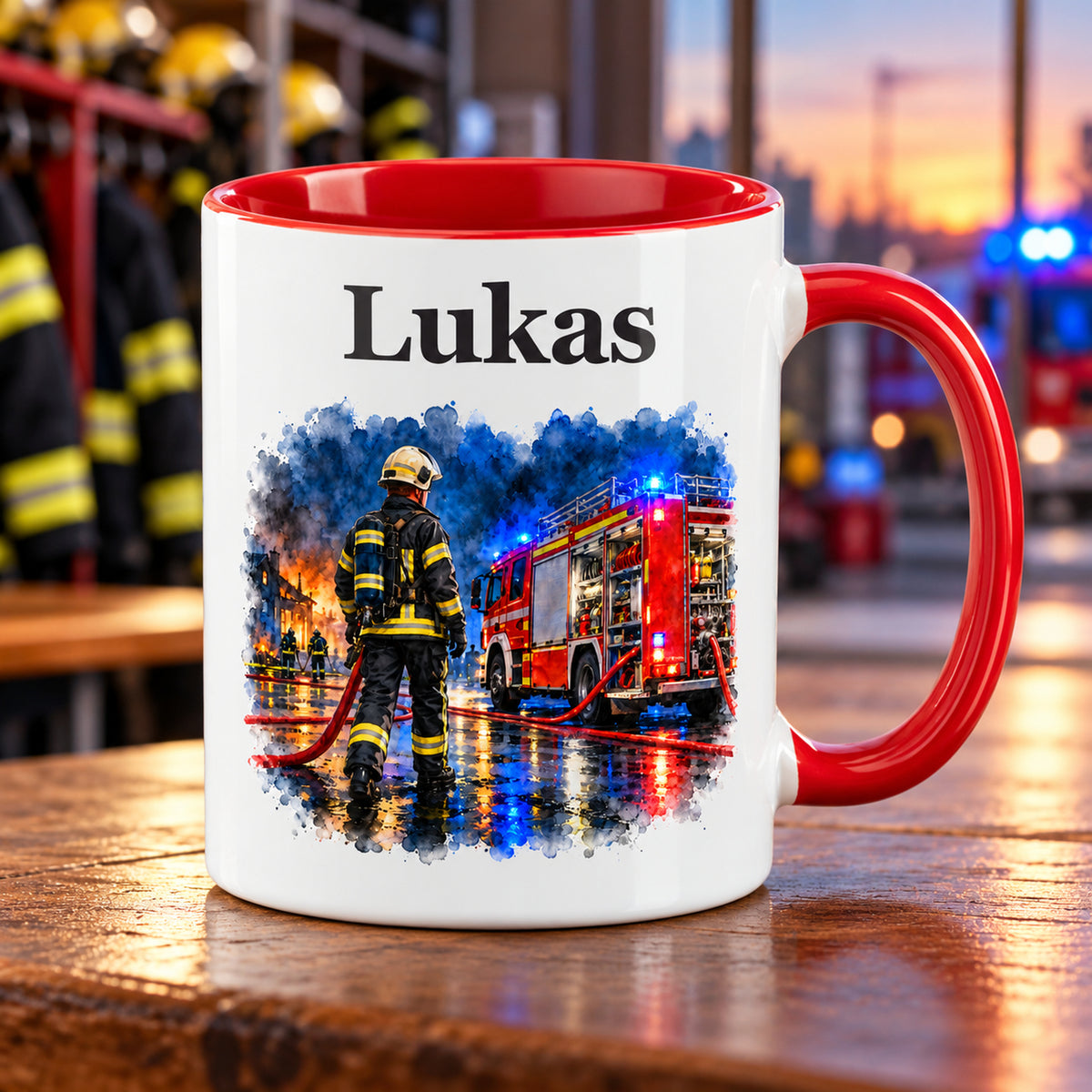 Tasse mit Feuerwehrmann im Motiv „Blaulicht bei Nacht“, rotem Henkel und roter Innenseite