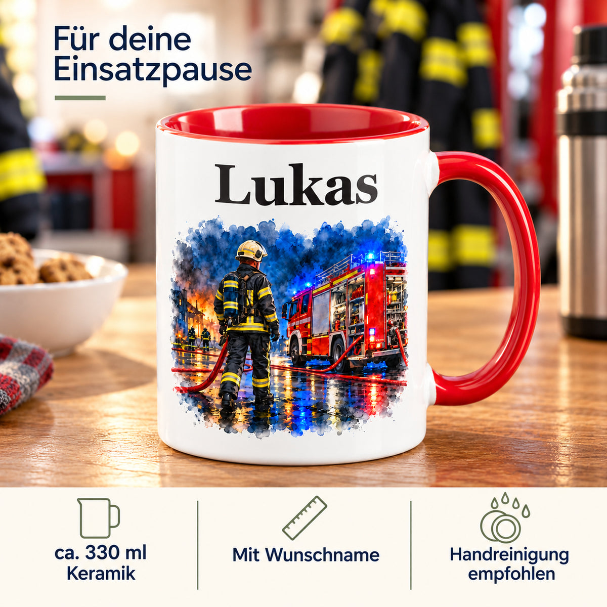 Eigenschaften der Feuerwehrtasse „Blaulicht bei Nacht“: Keramik, ca. 330 ml, Wunschname und Handreinigung