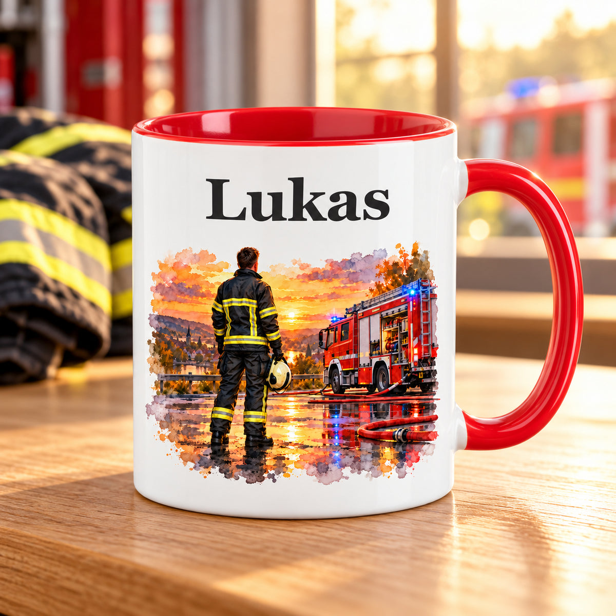 Tasse mit Feuerwehrmann im Motiv „Nach dem Einsatz“, rotem Henkel und roter Innenseite