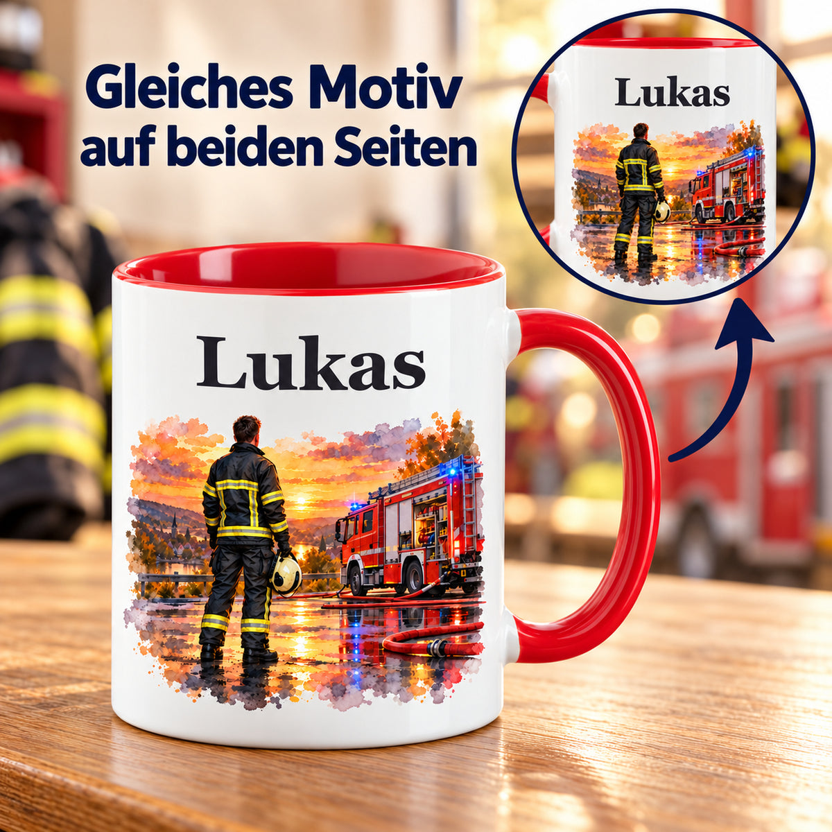 Beidseitiger Druck auf der Feuerwehrtasse mit Feuerwehrmann im Motiv „Nach dem Einsatz“