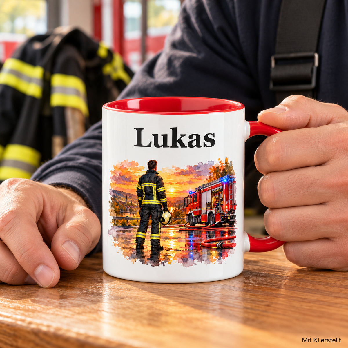 Personalisierte Tasse mit Feuerwehrmann im Motiv „Nach dem Einsatz“, in Händen gehalten