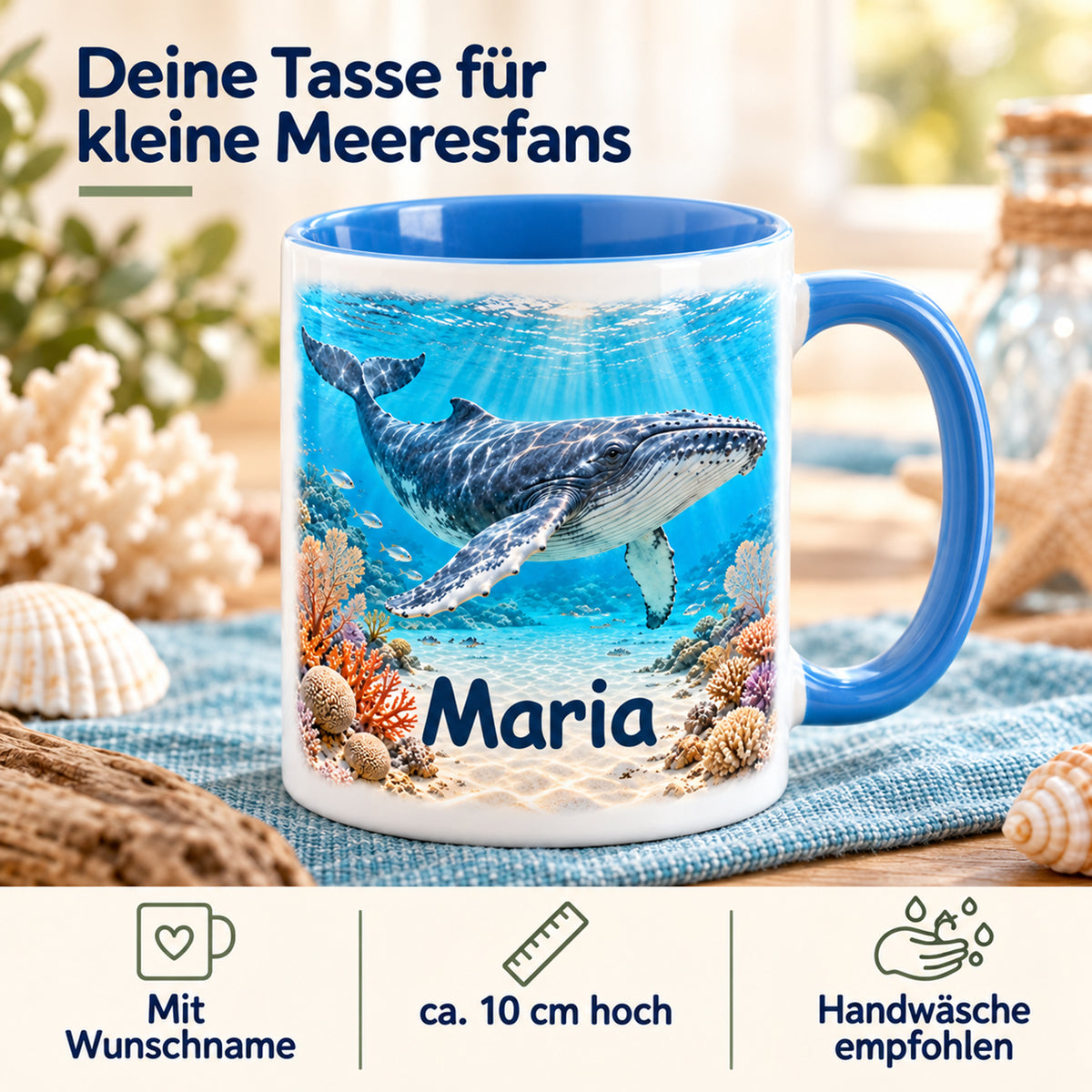 Wal-Tasse im Korallenriff mit Name Maria und Hinweisen zu ca. 10 cm Höhe, Wunschname und Handwäsche