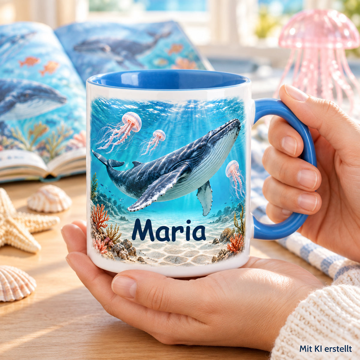 Hände halten die Wal-Tasse im Quallengarten am Tisch neben einem Buch mit Unterwassermotiven