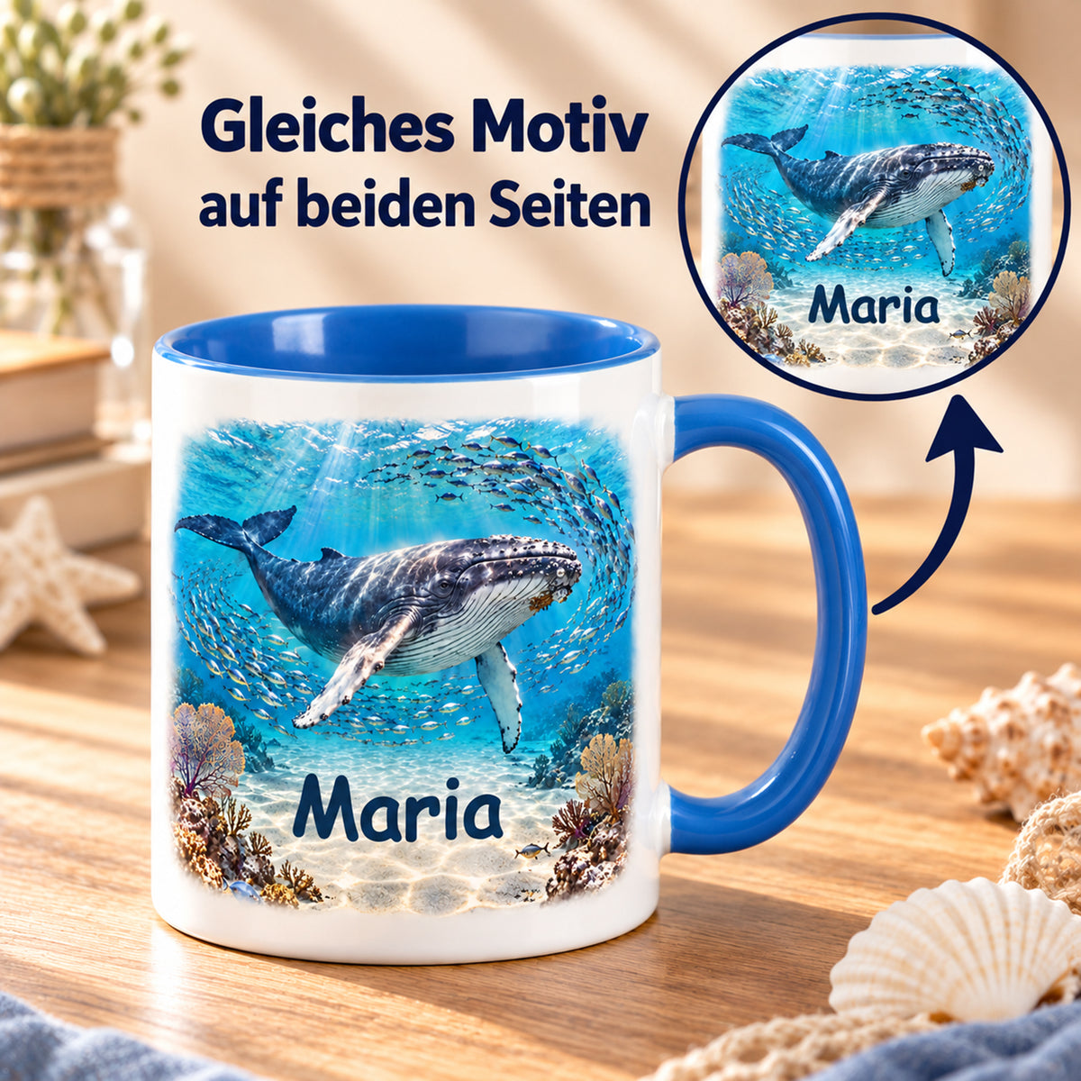 Wal-Tasse mit Wunschname und Fischschwarm auf beiden Seiten und vergrößertem Motivdetail