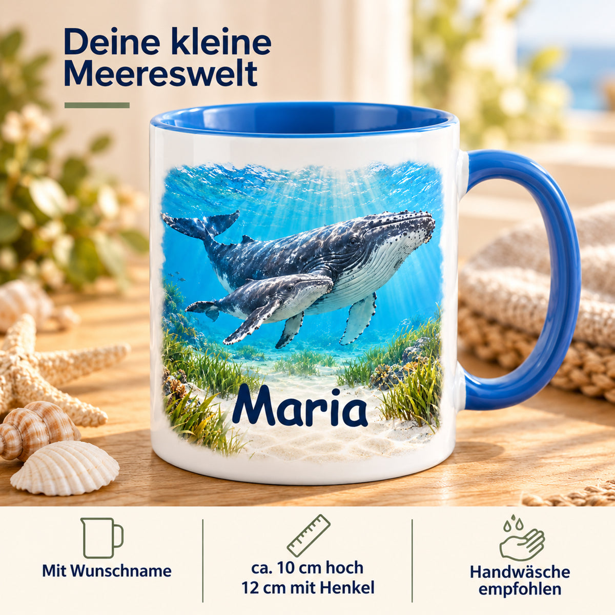 Wal-Tasse mit Jungtier und Wunschname: ca. 10 cm hoch, ca. 12 cm mit Henkel, Handwäsche empfohlen
