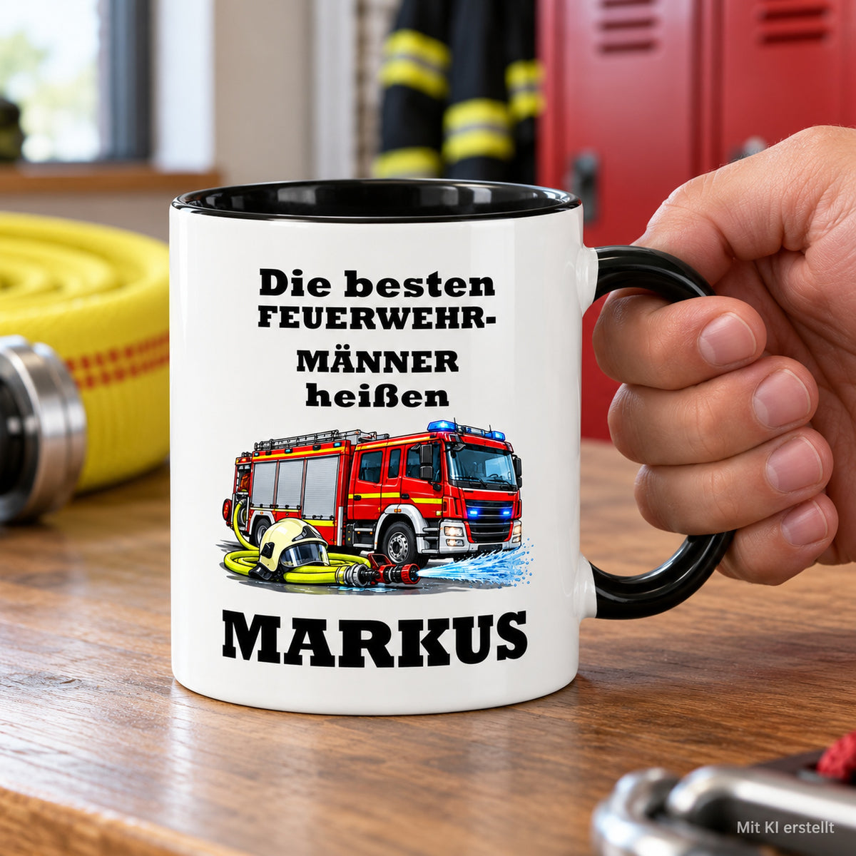 Personalisierte Feuerwehrmann-Tasse in Händen, mit schwarzer Innenseite und Hinweis auf das KI-erstellte Foto.