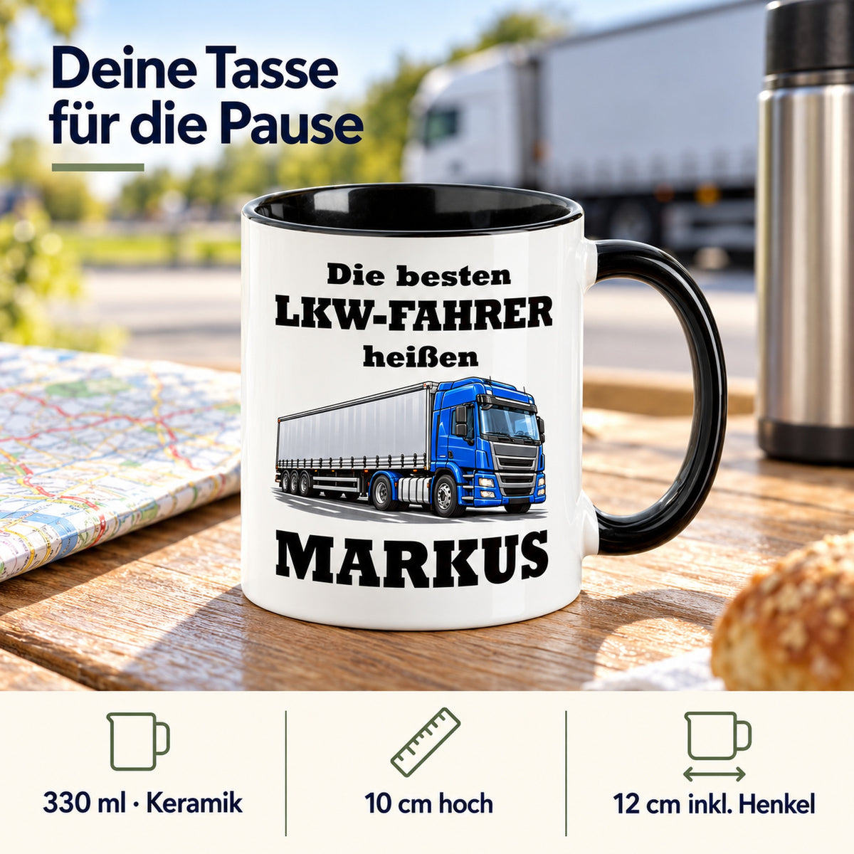 Produktdetails der LKW-Fahrer-Tasse: Keramik, 330 ml, 10 cm hoch und 12 cm breit einschließlich Henkel.