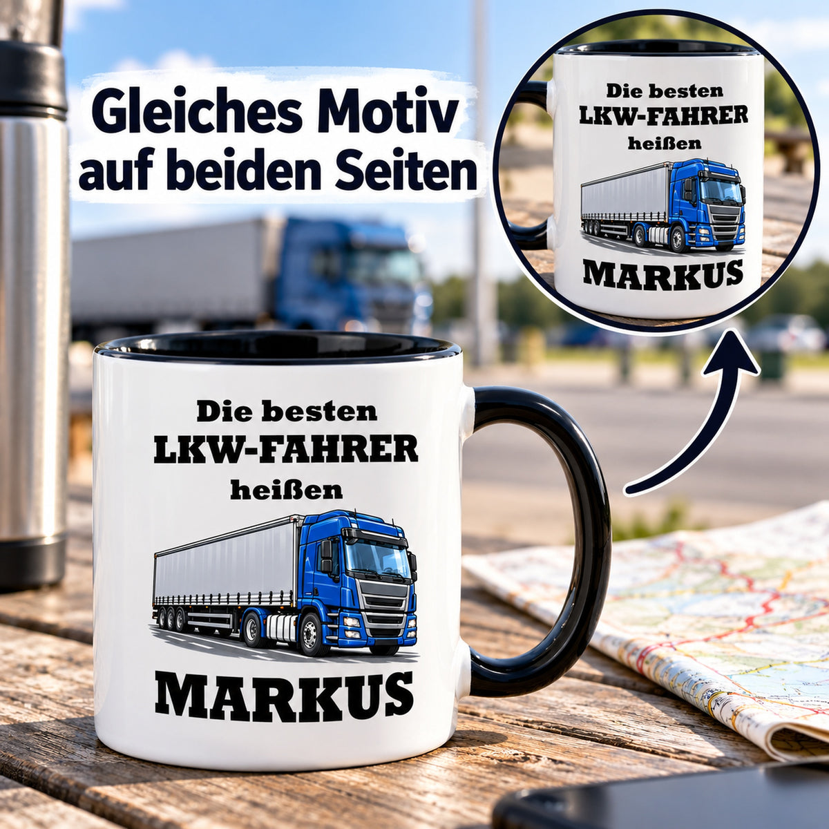 LKW-Fahrer-Tasse mit Detailansicht des identischen Motivdrucks auf beiden Seiten.