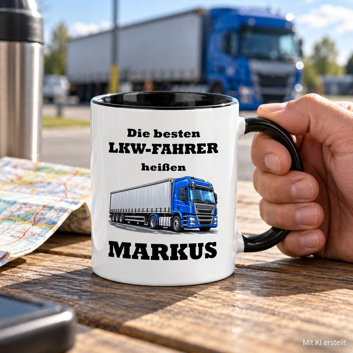 Personalisierte LKW-Fahrer-Tasse in Händen, mit schwarzer Innenseite und Hinweis auf das KI-erstellte Foto.