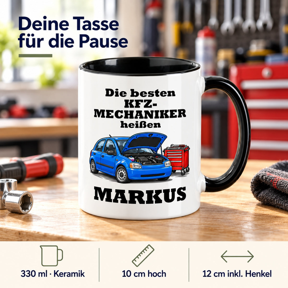 Produktdetails der KFZ-Mechaniker-Tasse: Keramik, 330 ml, 10 cm hoch und 12 cm breit einschließlich Henkel.