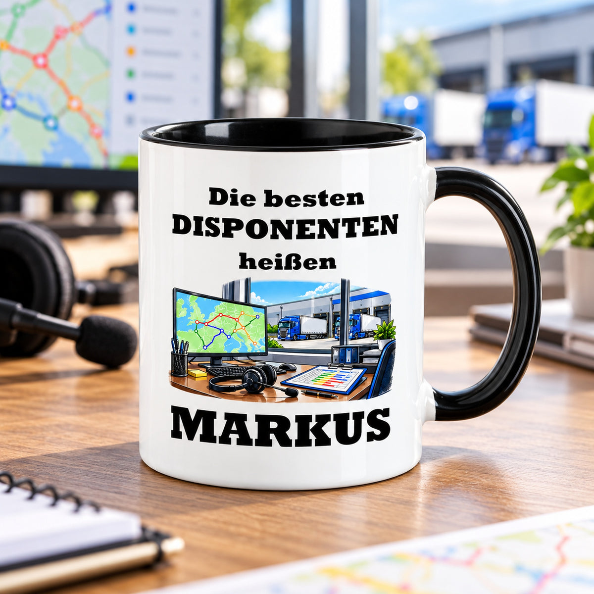 Personalisierte Disponent-Tasse mit Cartoonmotiv, weißem Körper und schwarzem Henkel in einer passenden Umgebung.