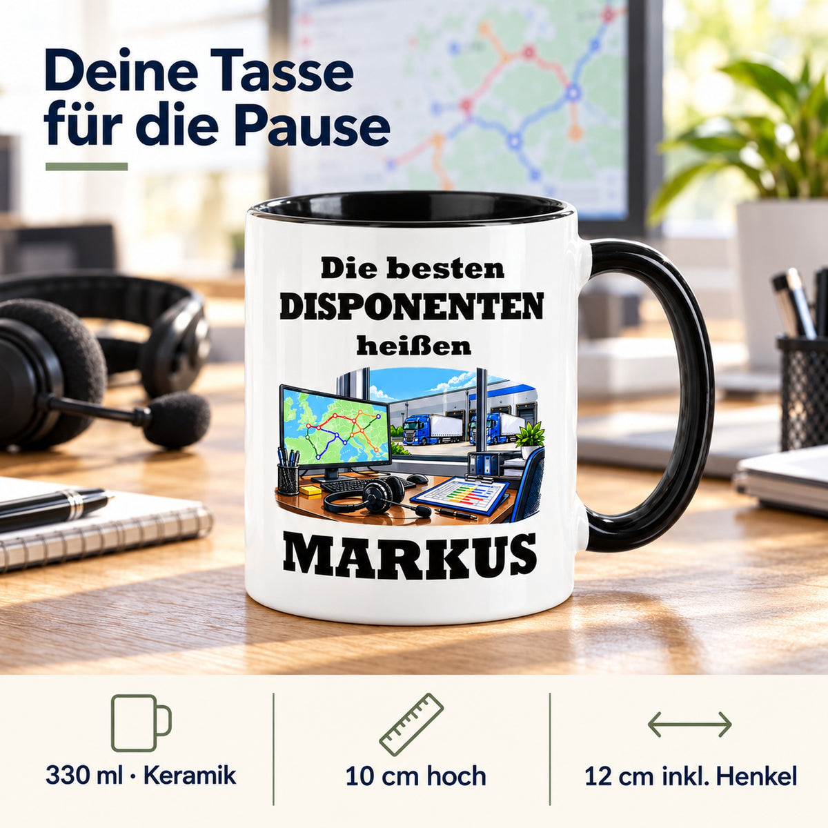 Produktdetails der Disponent-Tasse: Keramik, 330 ml, 10 cm hoch und 12 cm breit einschließlich Henkel.