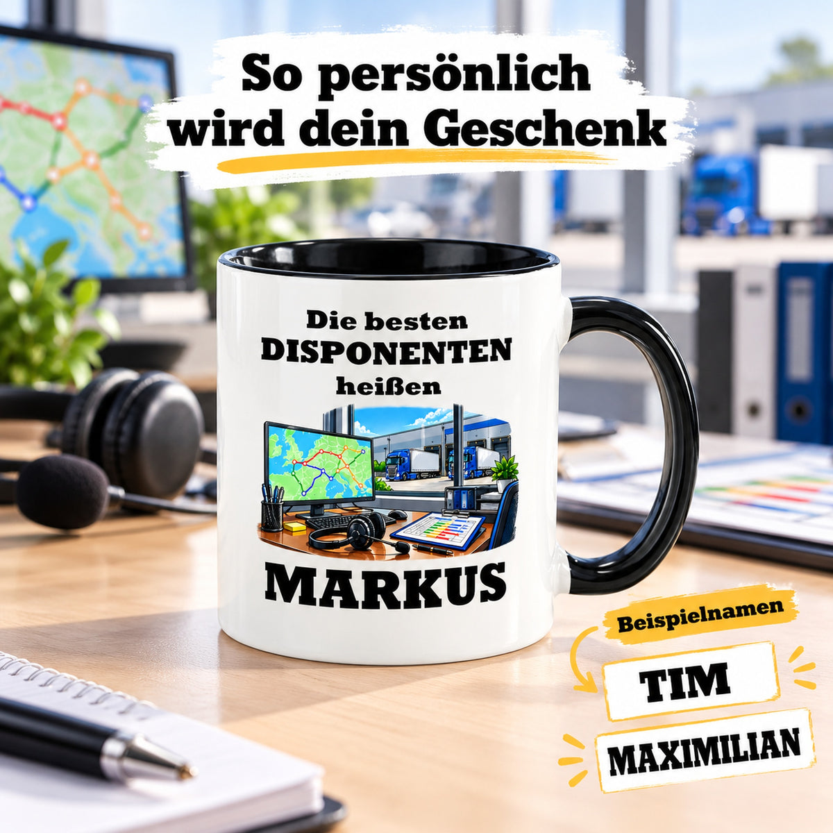 Disponent-Tasse mit großem Wunschnamen und zusätzlichen Namensbeispielen zur Personalisierung.