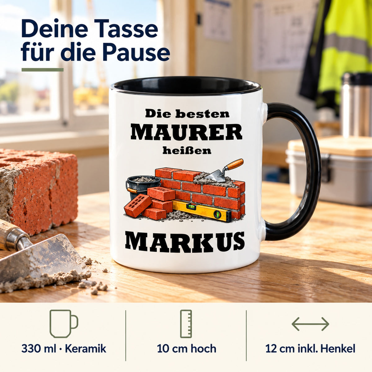 Produktdetails der Maurer-Tasse: Keramik, 330 ml, 10 cm hoch und 12 cm breit einschließlich Henkel.