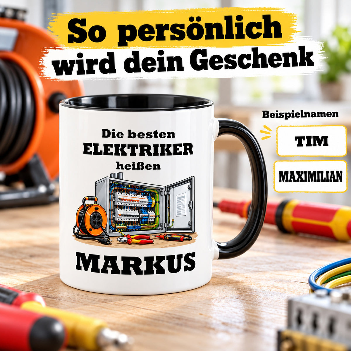 Elektriker-Tasse mit großem Wunschnamen und zusätzlichen Namensbeispielen zur Personalisierung.