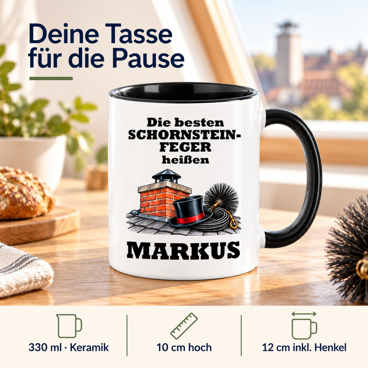 Produktdetails der Schornsteinfeger-Tasse: Keramik, 330 ml, 10 cm hoch und 12 cm breit einschließlich Henkel.