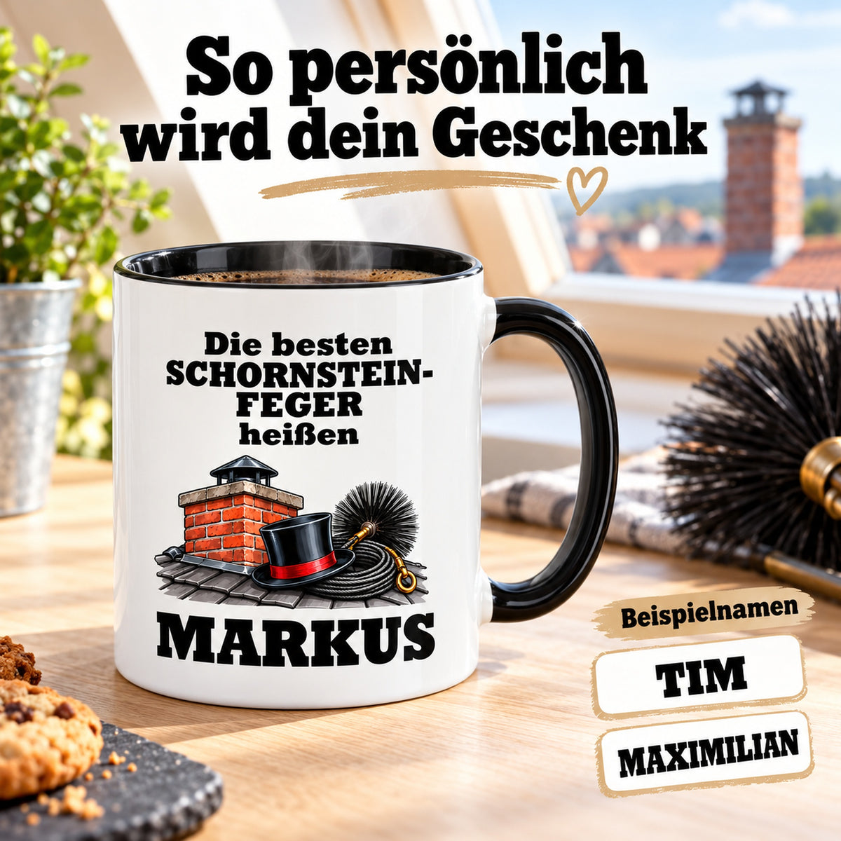 Schornsteinfeger-Tasse mit großem Wunschnamen und zusätzlichen Namensbeispielen zur Personalisierung.