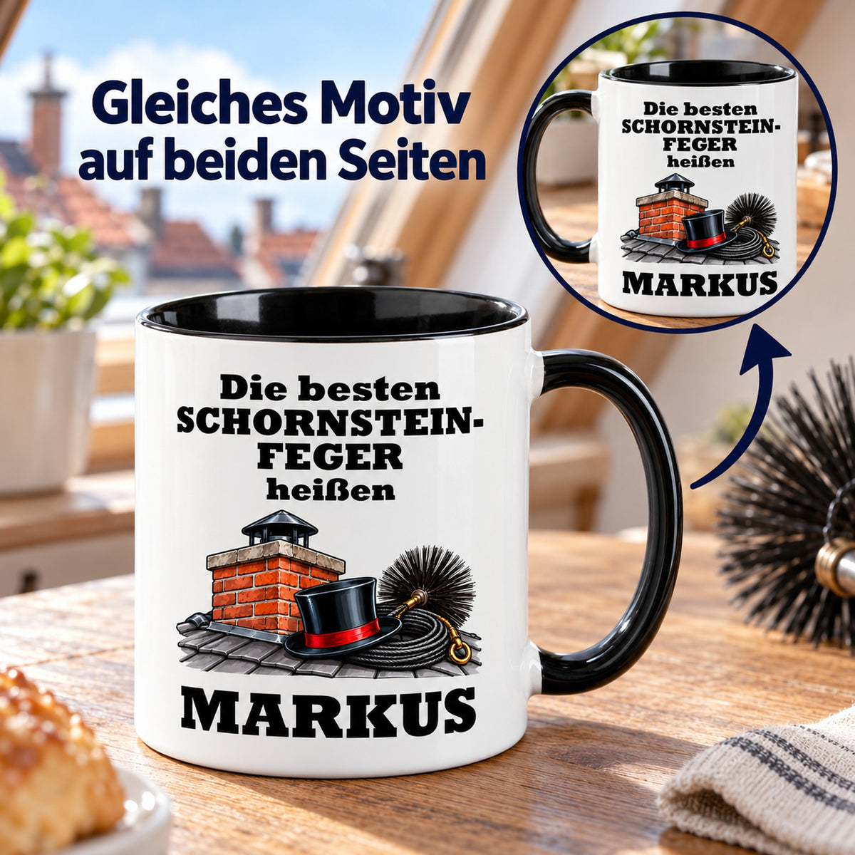 Schornsteinfeger-Tasse mit Detailansicht des identischen Motivdrucks auf beiden Seiten.