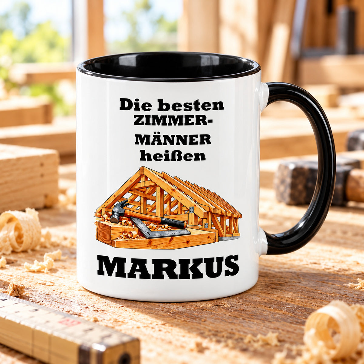 Schräge Ansicht der personalisierten Zimmermann-Tasse mit sichtbarer schwarzer Innenseite und schwarzem Henkel.