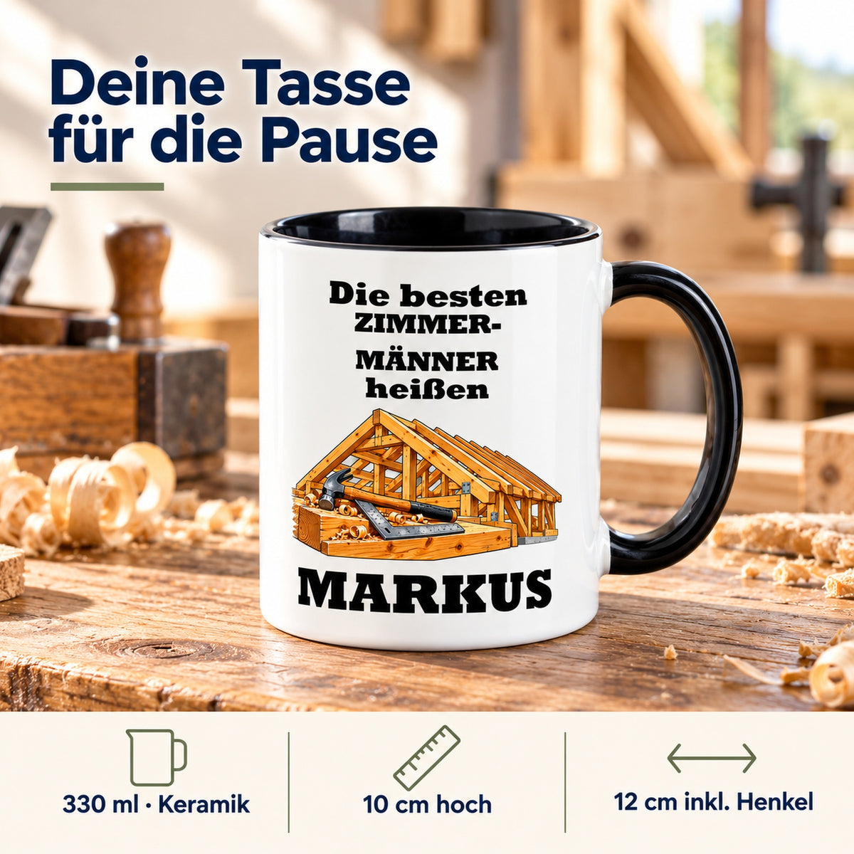Produktdetails der Zimmermann-Tasse: Keramik, 330 ml, 10 cm hoch und 12 cm breit einschließlich Henkel.