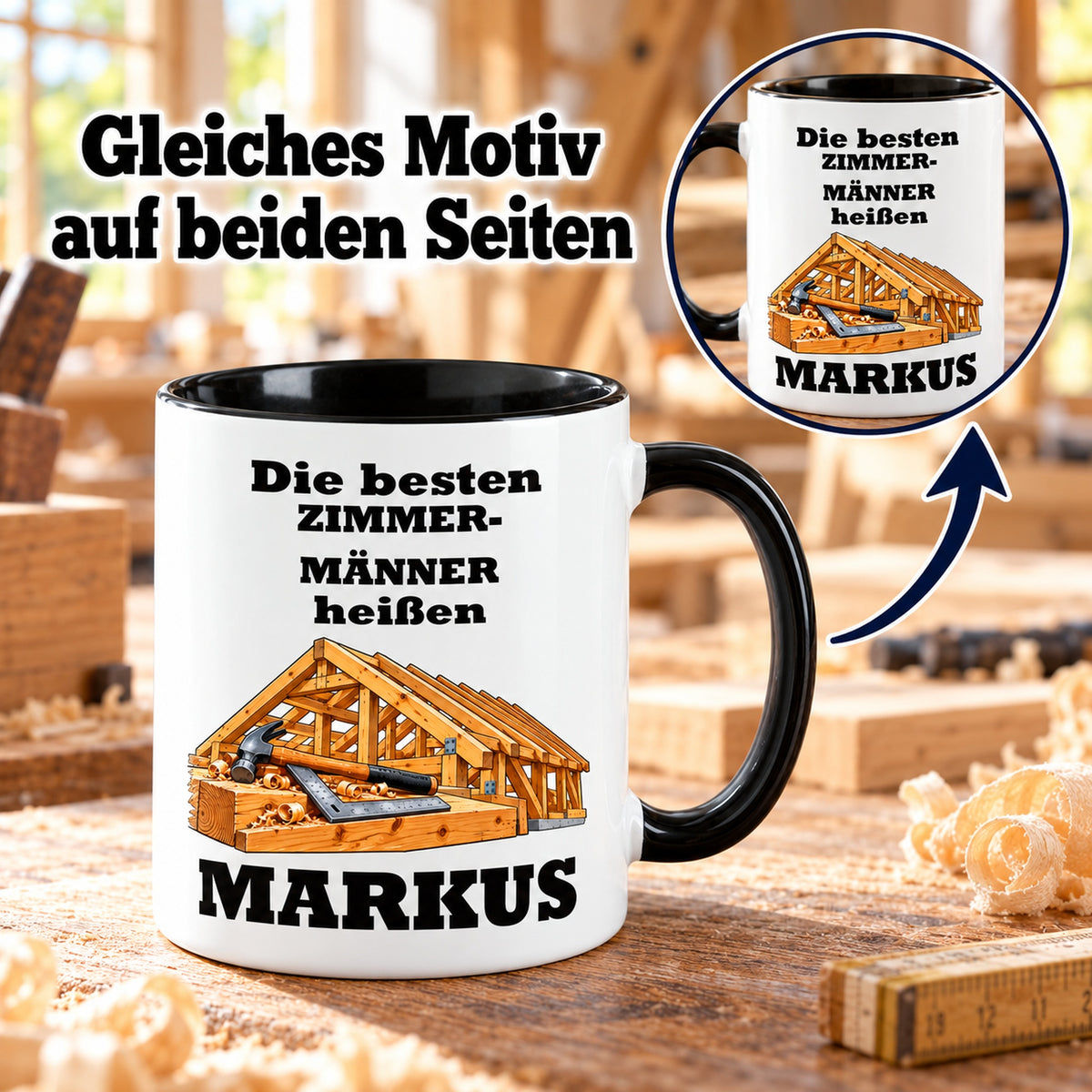 Zimmermann-Tasse mit Detailansicht des identischen Motivdrucks auf beiden Seiten.