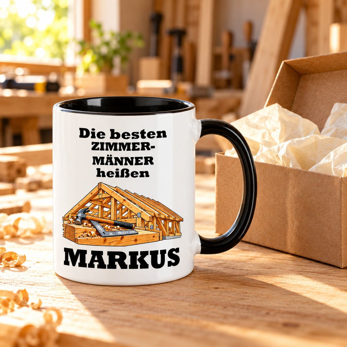Zimmermann-Tasse als Geschenkidee mit dekorativer Geschenkverpackung; die Verpackung ist nicht enthalten.