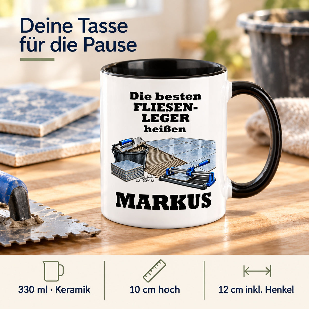 Produktdetails der Fliesenleger-Tasse: Keramik, 330 ml, 10 cm hoch und 12 cm breit einschließlich Henkel.