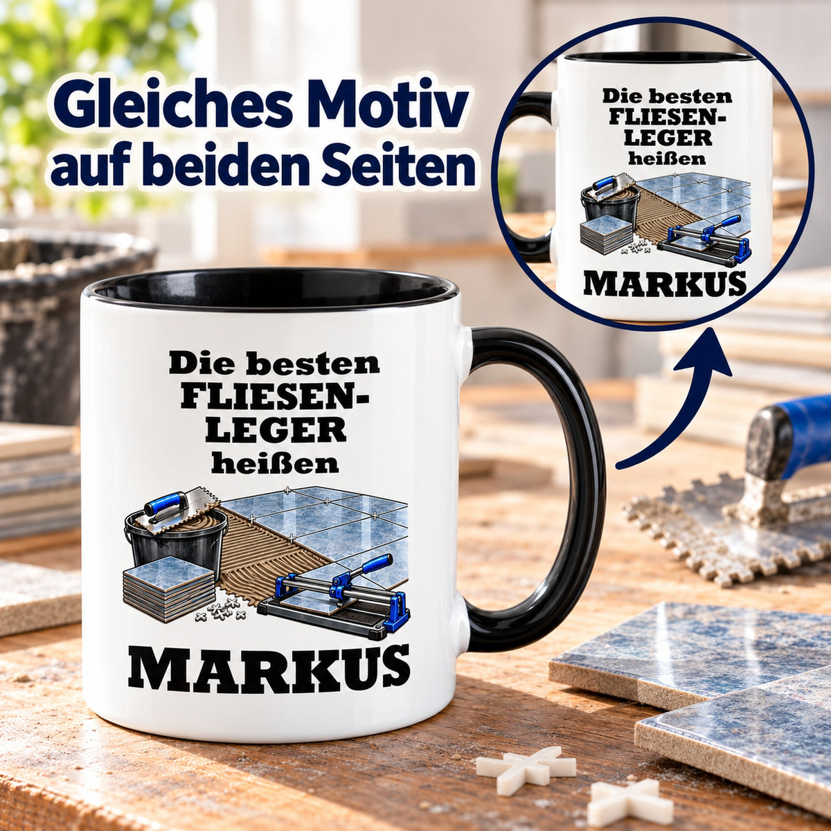 Fliesenleger-Tasse mit Detailansicht des identischen Motivdrucks auf beiden Seiten.