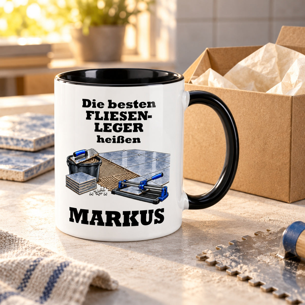 Fliesenleger-Tasse als Geschenkidee mit dekorativer Geschenkverpackung; die Verpackung ist nicht enthalten.