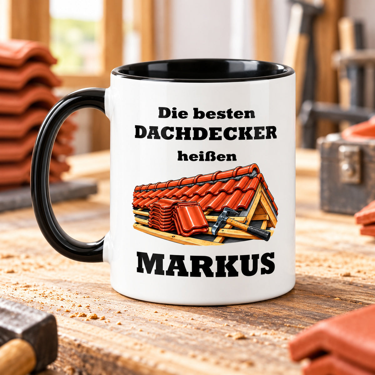 Rückseite der Dachdecker-Tasse mit demselben Cartoonmotiv und Wunschnamen, schwarzer Henkel links.