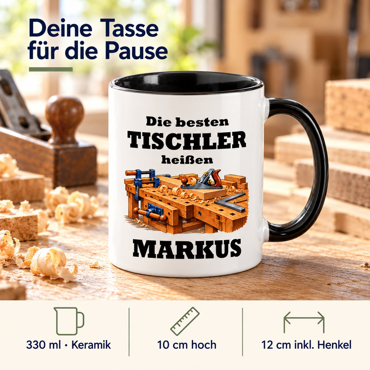 Produktdetails der Tischler-Tasse: Keramik, 330 ml, 10 cm hoch und 12 cm breit einschließlich Henkel.
